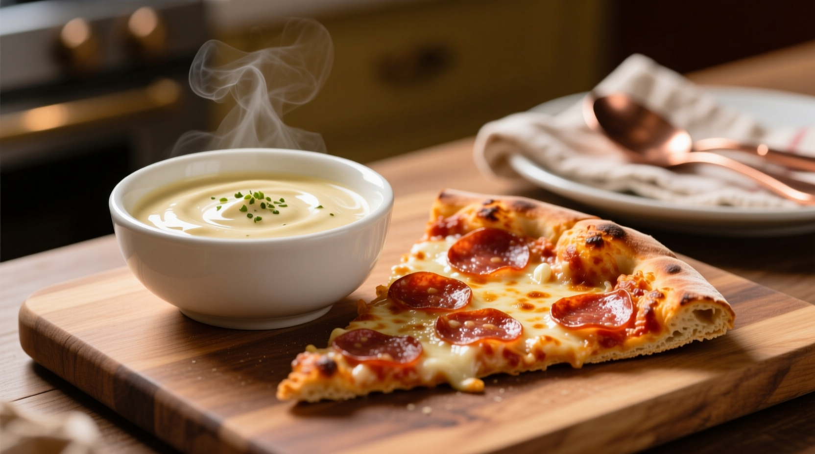 Creamy garlic dipping sauce in white bowl next to pizza slice