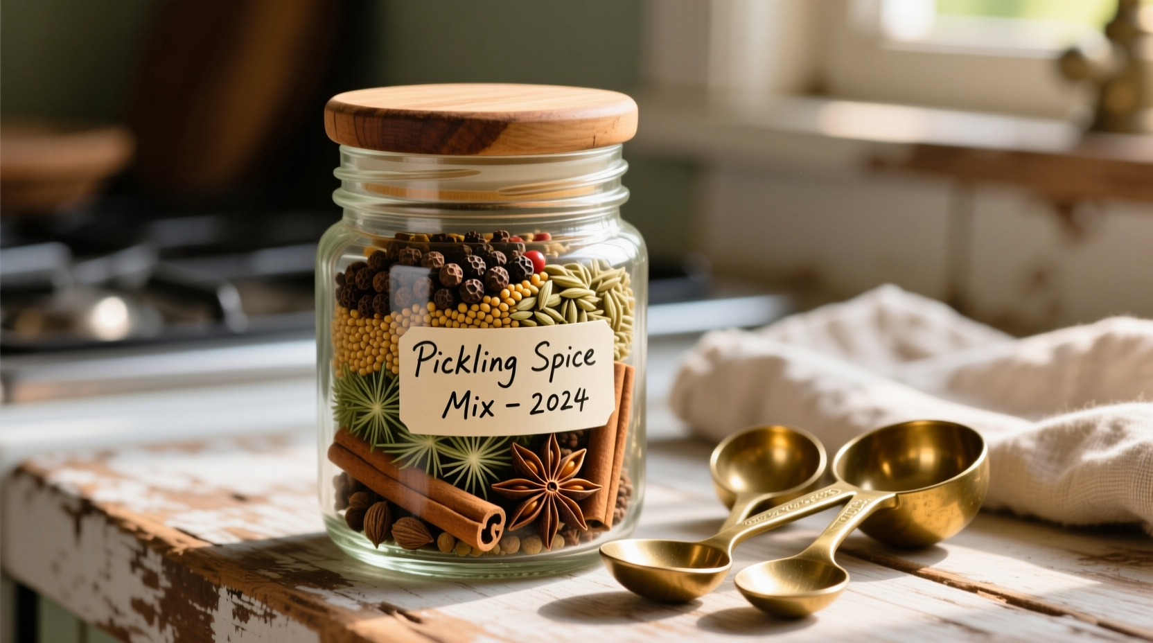Homemade pickling spice blend in glass jar with measuring spoons