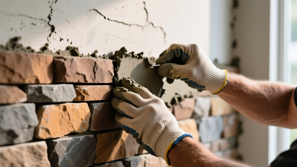 Close-up of mason applying Type S mortar to the back of a textured manufactured rock stone veneer piece before placing it on a scratch coat wall