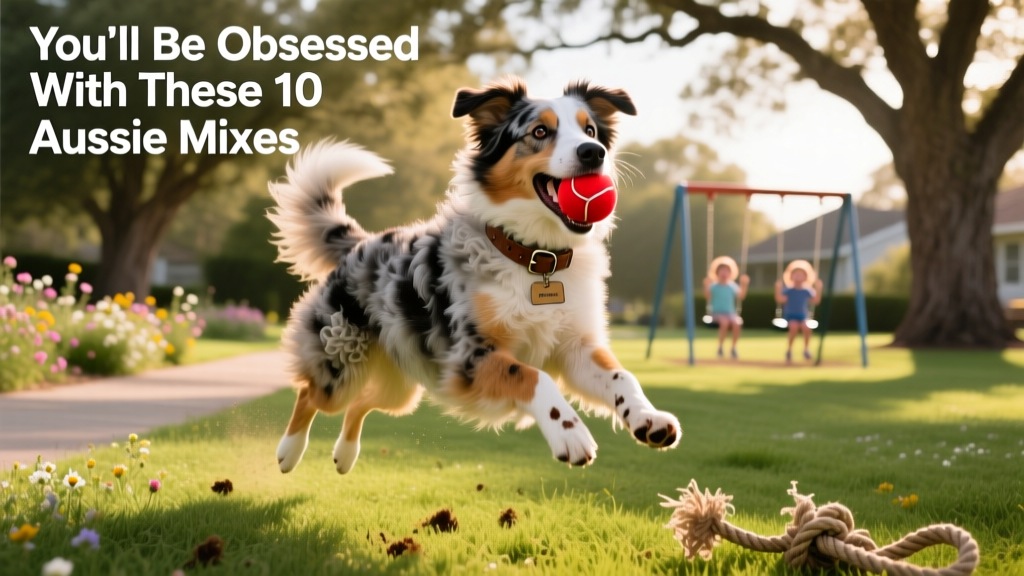A happy, energetic Australian Shepherd mix playing fetch in a sunlit park
