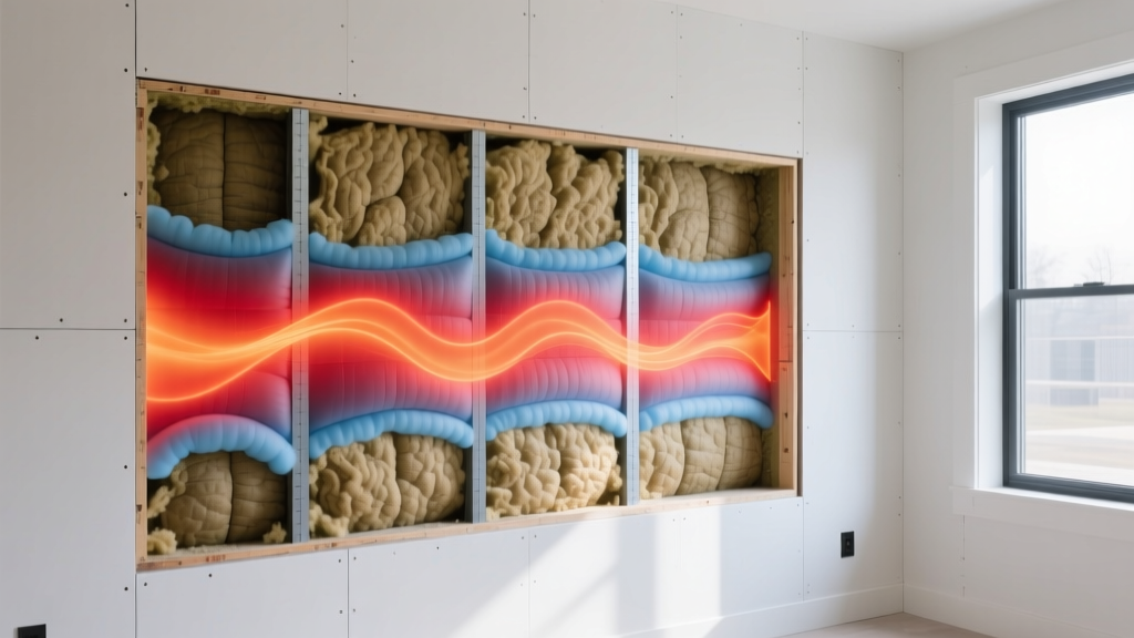 Cross-section of a modern wall cavity showing dense-pack cellulose and closed-cell spray foam layers with thermal imaging overlay
