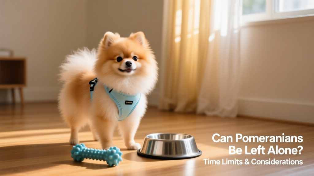 A Pomeranian wearing a lightweight harness, standing beside a durable chew toy and water bowl in a quiet, sunlit room