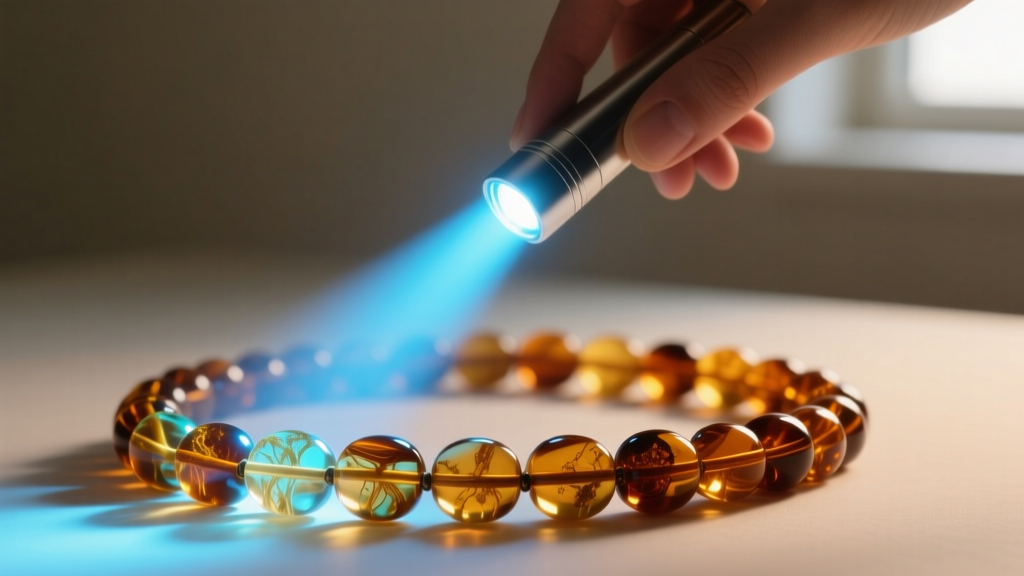 Hand holding a UV flashlight over a vintage amber necklace, illuminating the beads with a bright fluorescent pale blue glow