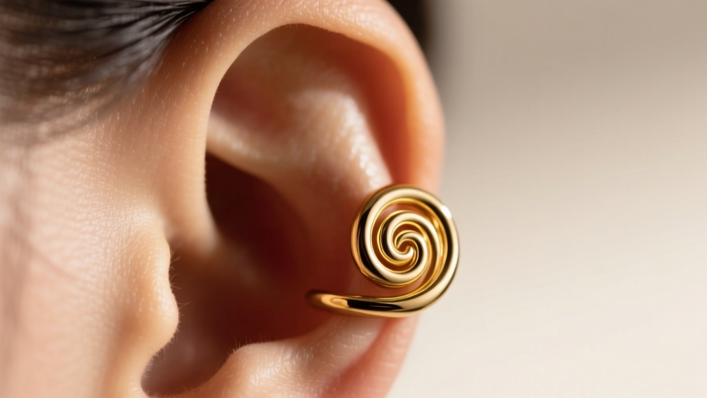 Macro shot of a solid 14k gold spiral ear cuff wrapping around upper helix cartilage, illuminated by soft, warm directional lighting