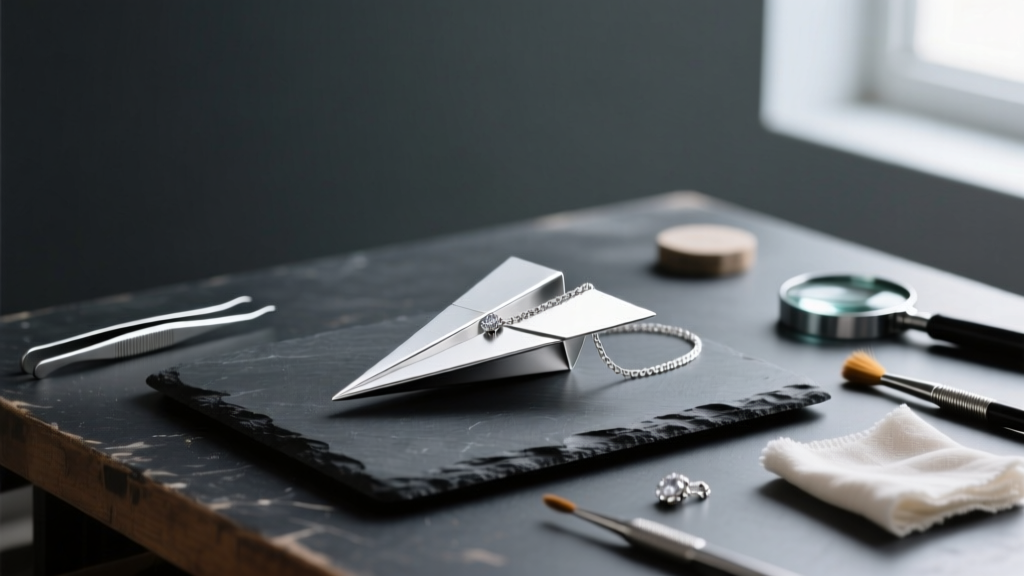 Sterling silver paper airplane necklace resting on a dark slate workbench alongside scattered jeweler