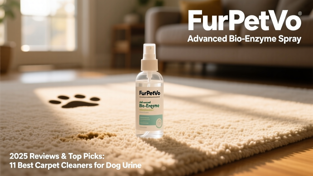 Bottle of FurPetVo Advanced Bio-Enzyme Spray next to a clean, dry carpet patch with no visible residue