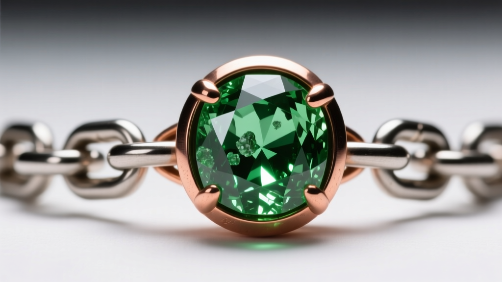 Macro shot of a titanium chain link connecting to a copper bezel holding raw green moldavite under bright studio lighting