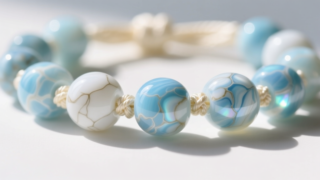 Macro shot of natural larimar beads showing unique white and light blue marbled patterns, strung on knotted cream silk thread