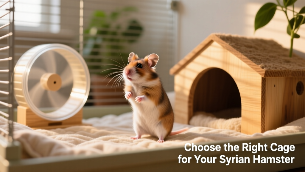 A relaxed Syrian hamster exploring a spacious, well-equipped FurPetVo cage with bedding, wheel, and hideout