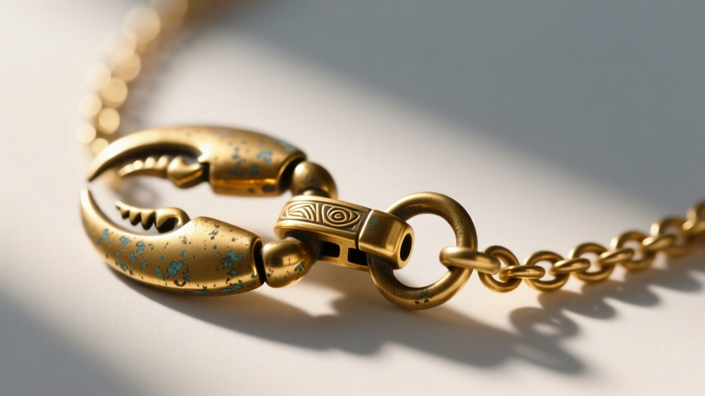 Macro close-up of a worn gold-plated brass necklace clasp showing micro-scratches and fading metal near the lobster claw clasp
