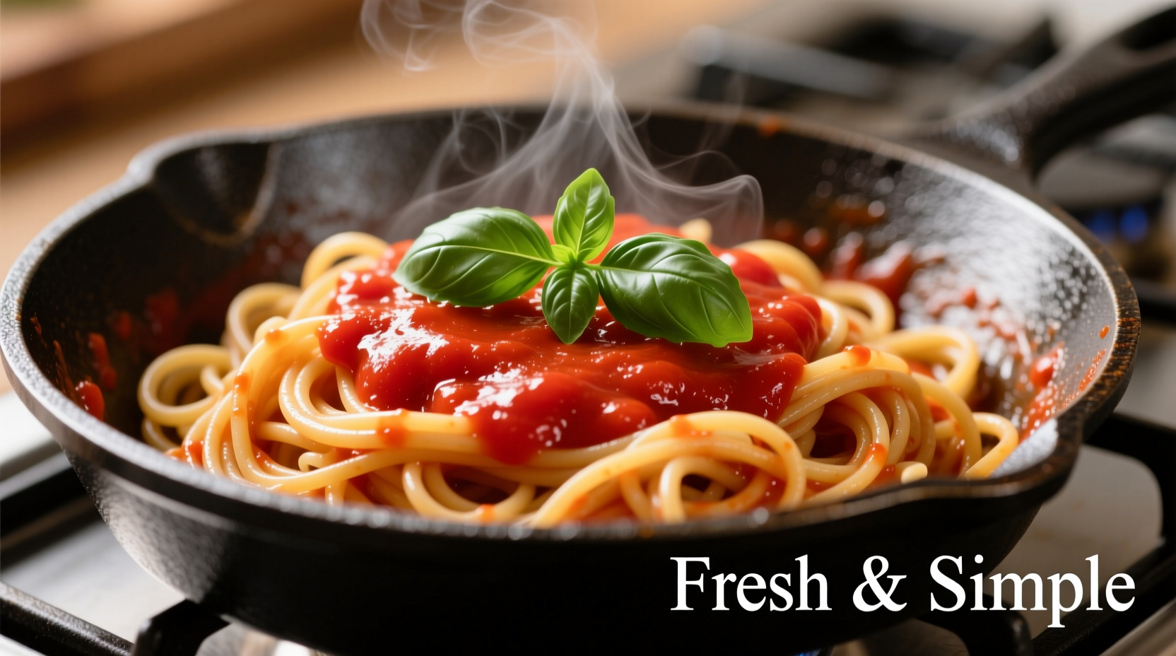 Fresh pasta with vibrant red tomato sauce in a skillet