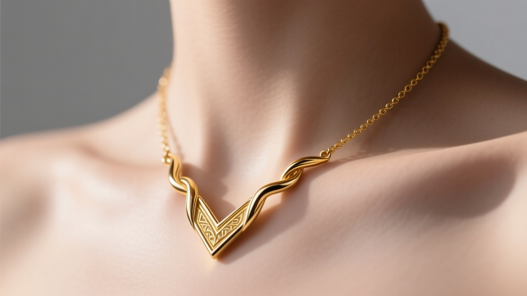 Close-up of a polished 14k gold chevron necklace resting on a collarbone, with the V-shaped pendant slightly twisted and flipped