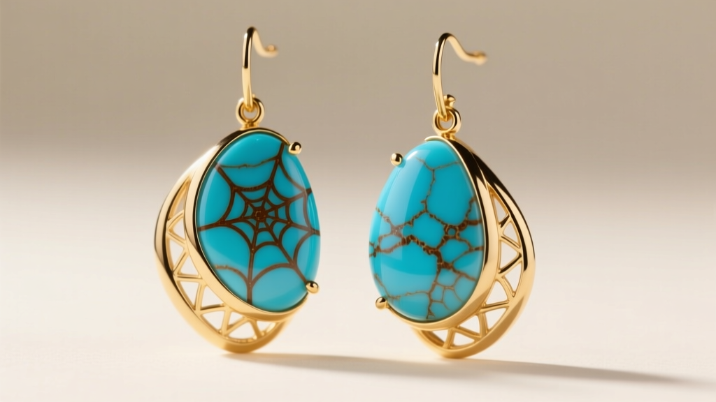 Close-up of asymmetrical Golden Hills turquoise drop earrings with sky-blue cabochons and brown spiderweb matrix in 18k gold.