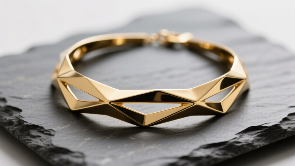 Macro view of sculptural gold Franny Arrieta necklace on slate, showing matte and polished contrasts under soft directional light.