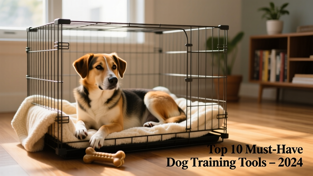 A relaxed dog resting comfortably inside a well-ventilated wire crate with a soft blanket and chew toy