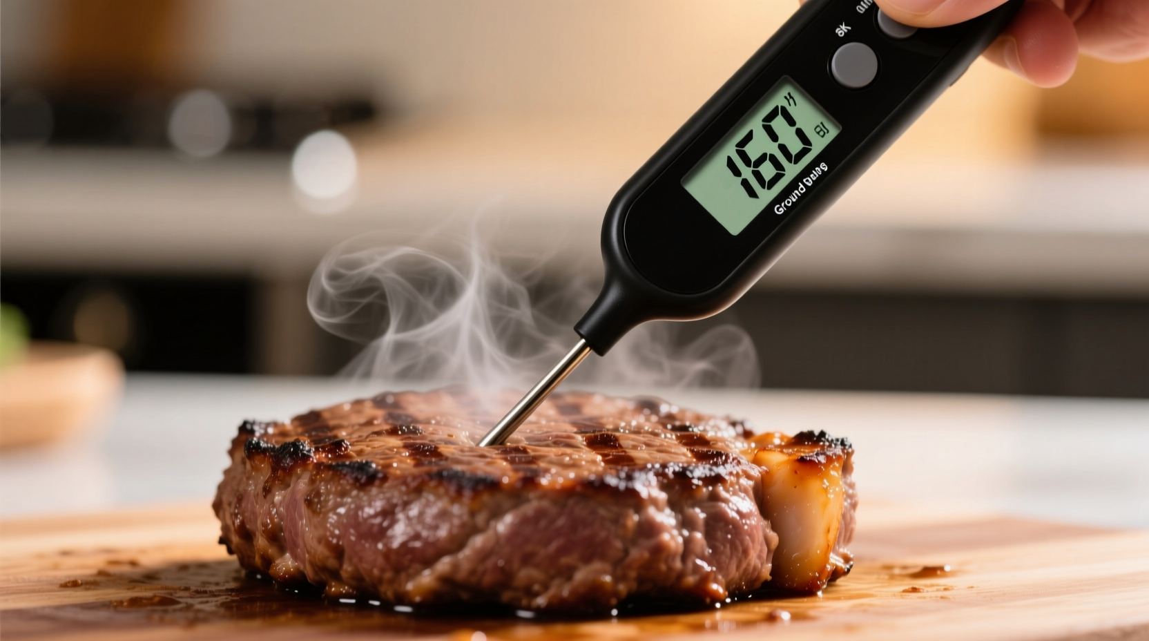 Digital thermometer showing 160 degrees in cooked ground beef