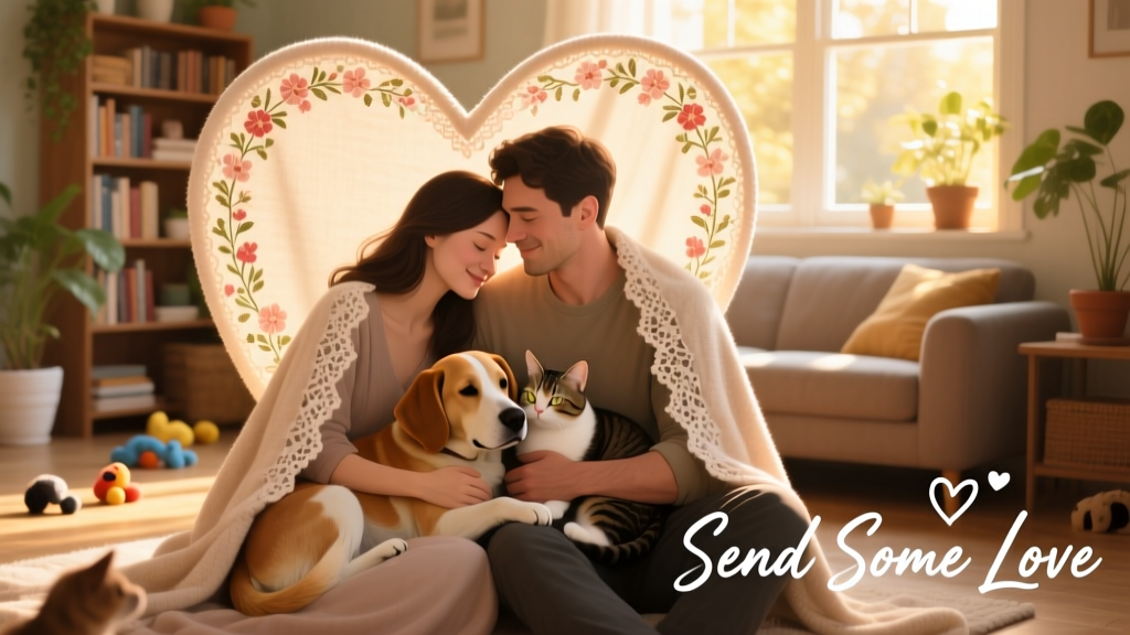Romantic duo illustration: a human and their pets (a dog and cat) cuddling under a heart-shaped blanket