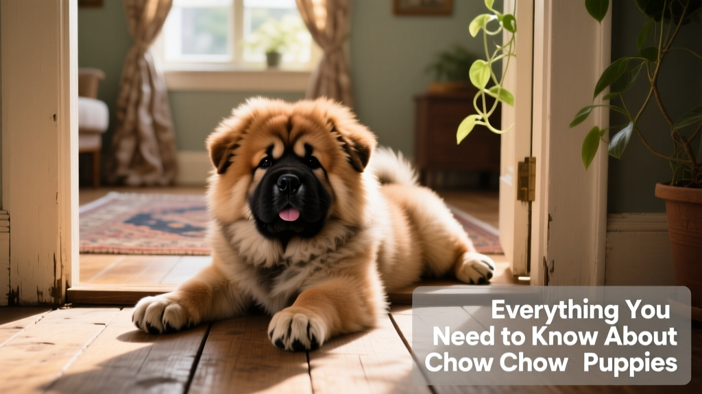 A Chow Chow puppy lying on its tummy in a doorway, front and back paws stretched out