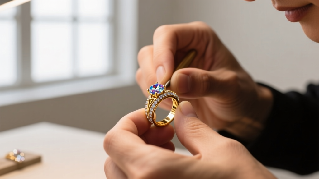 Jeweler's hands using a small brush to apply a clear protective rhodium coating to a delicate 14k white gold pendant chain