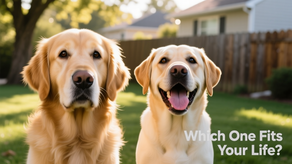 Close-up of a golden retriever's expressive face beside a labrador's cheerful, open-mouthed expression