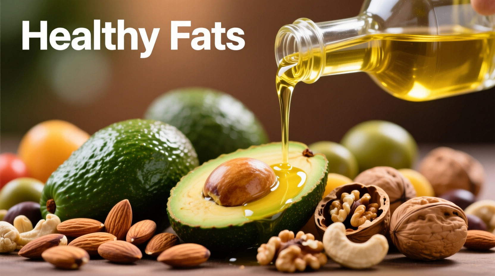 Colorful assortment of high-fat foods including avocados, nuts, and olive oil