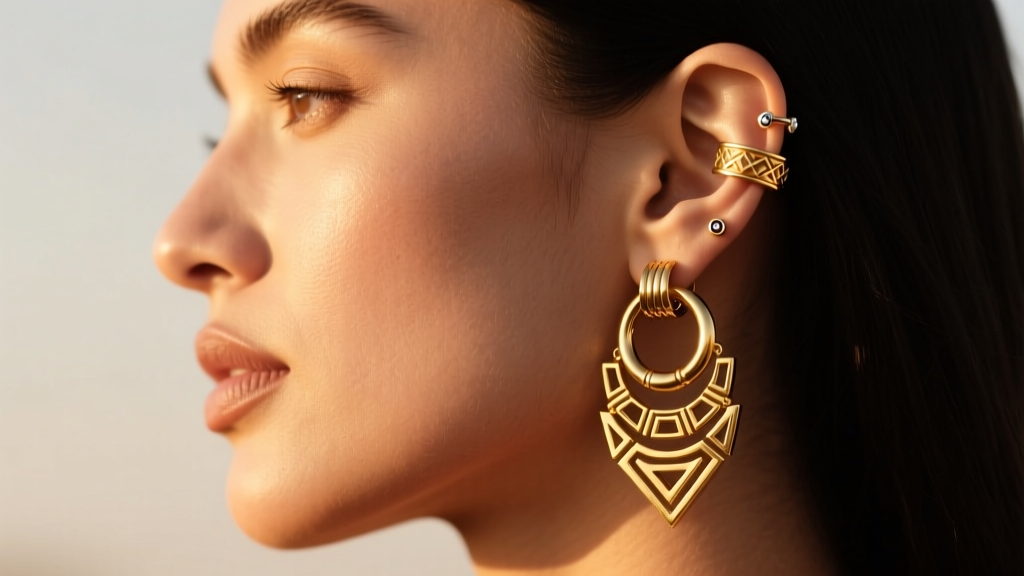 Side profile of a woman with a curated ear featuring stacked 16g tribal huggies and a helix cuff in natural golden hour sunlight.