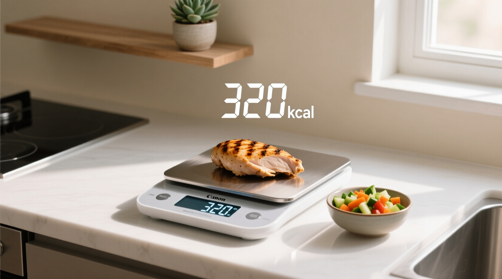 Digital scale measuring food portions for calorie counting