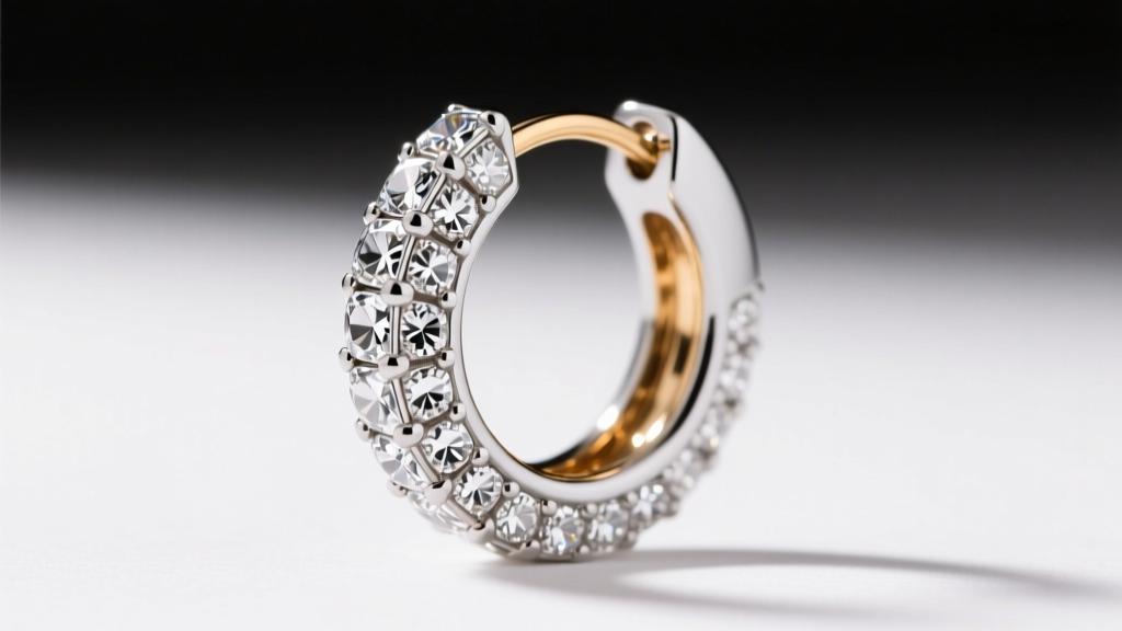 Side view of silver-tone Kate Spade huggie hoop, focusing on cubic zirconia pave setting and the exposed brass base metal edge.