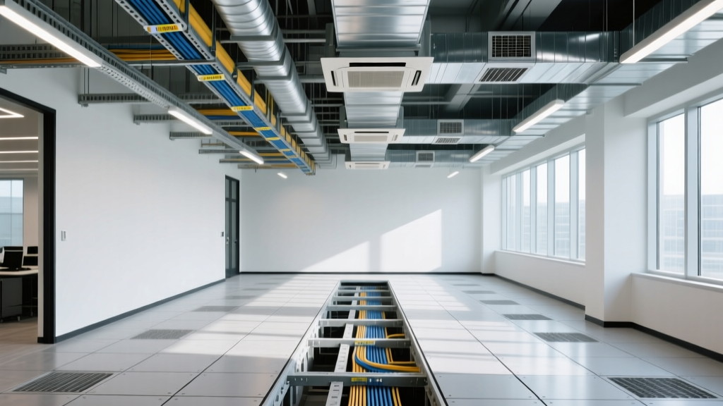Modern commercial computer lab construction showing raised access flooring, overhead cable trays, and dedicated HVAC ductwork installation