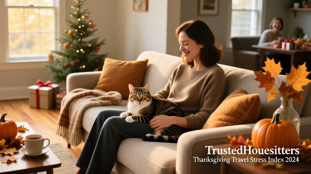 A person relaxing with their cat at home on Thanksgiving, illustrating calm companionship