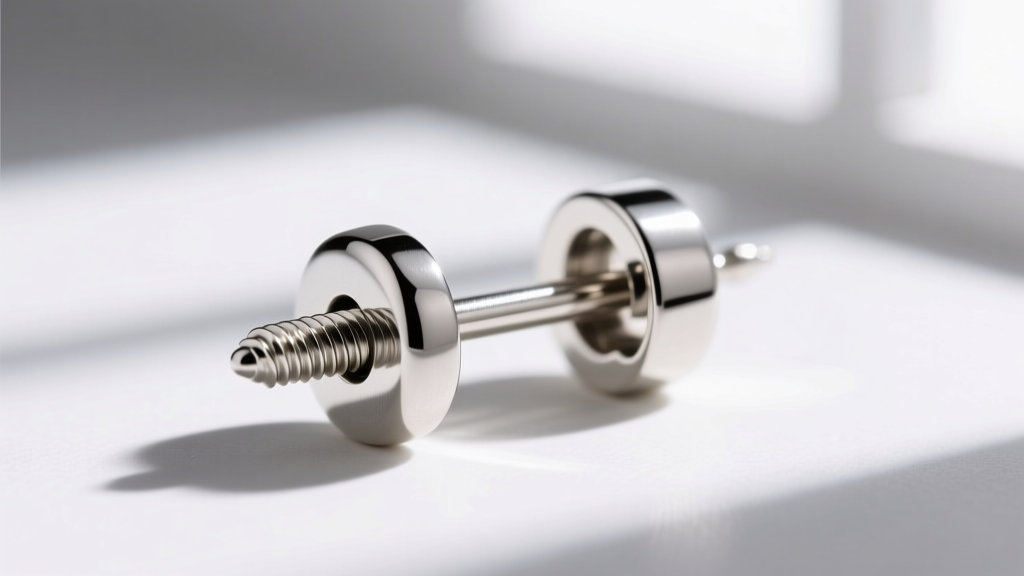 Macro view of an 18-gauge sterling silver earring post and screw-back mechanism, designed to support heavy, chunky earring styles.