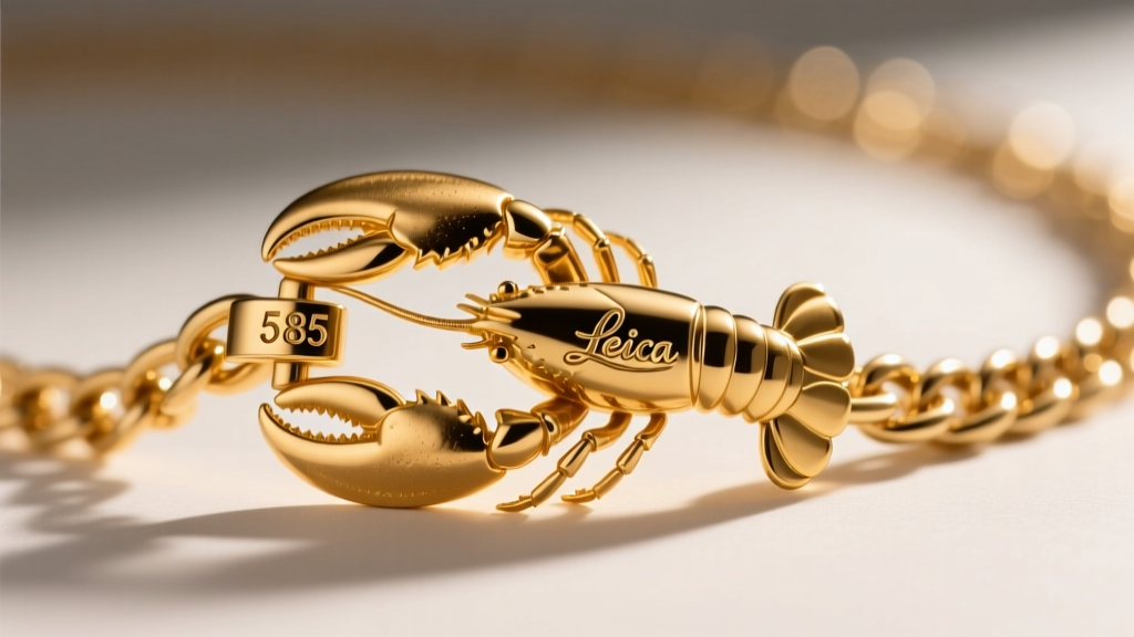 Macro photography of a lobster clasp on a gold chain, clearly showing the stamped 585 and Italian maker's mark hallmarks.
