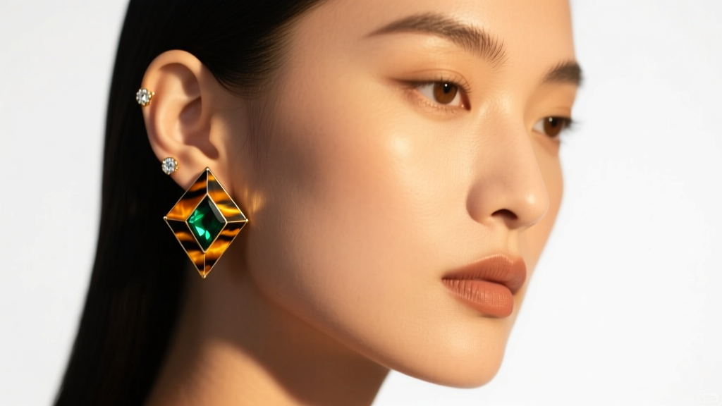 Model wearing geometric tiger eye ear cuff and stud, with angular cuts complementing a soft jawline under warm studio lighting.