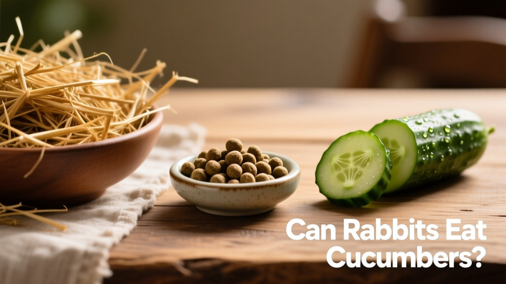 A side-by-side comparison: a bowl of timothy hay, a small dish of pellets, and two cucumber slices