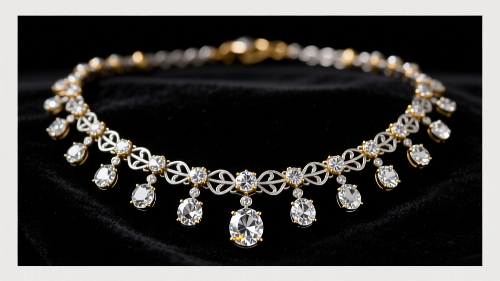 Antique 1880s diamond rivière necklace on black velvet, showing silver-topped gold collet settings and old mine cut stones.