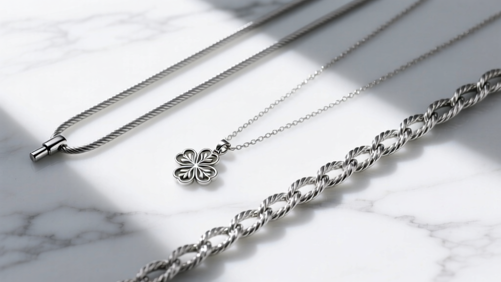 Overhead flat lay of three silver chains, a 14-inch cable, an 18-inch clover pendant, and a 22-inch rope chain on white marble
