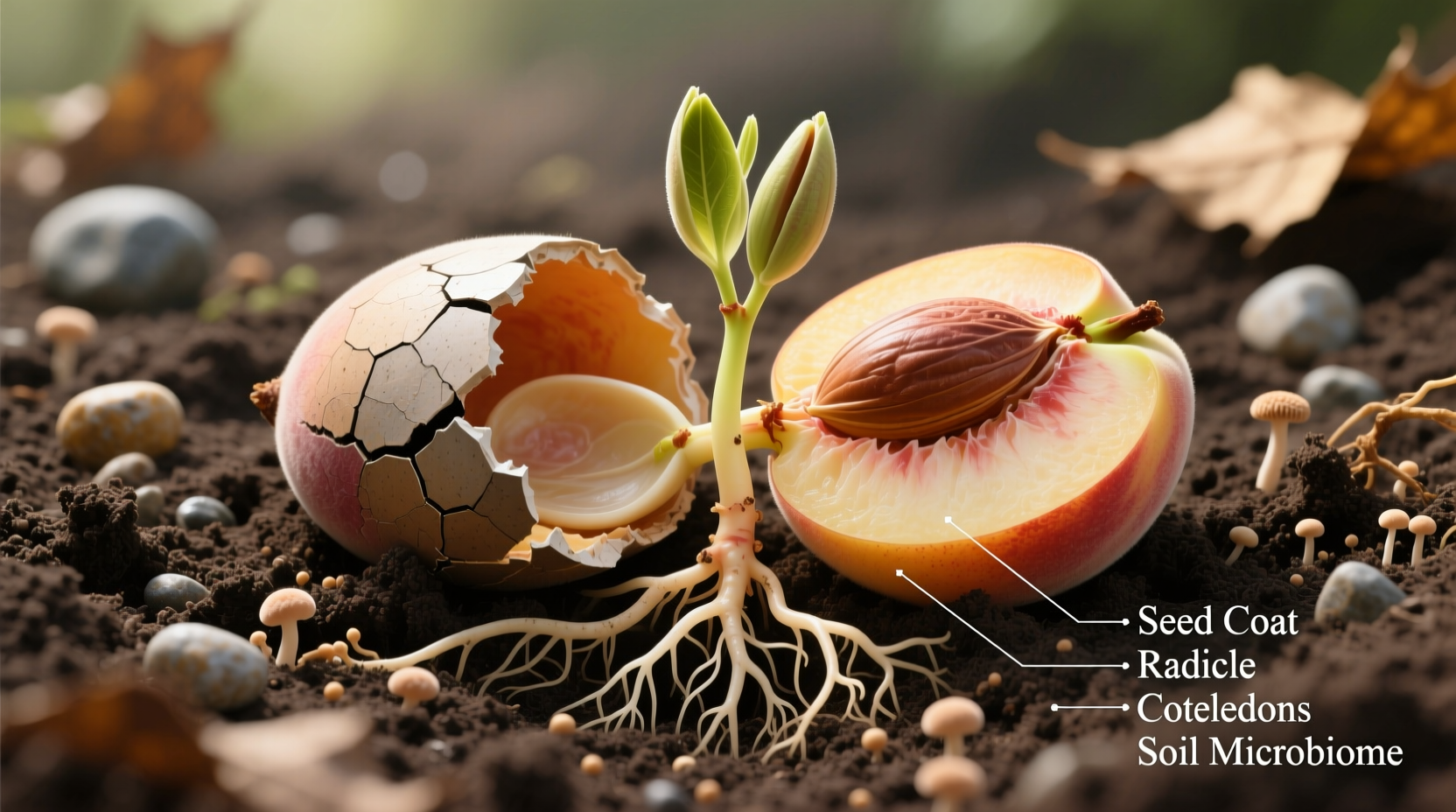 Peach seed germination process in soil