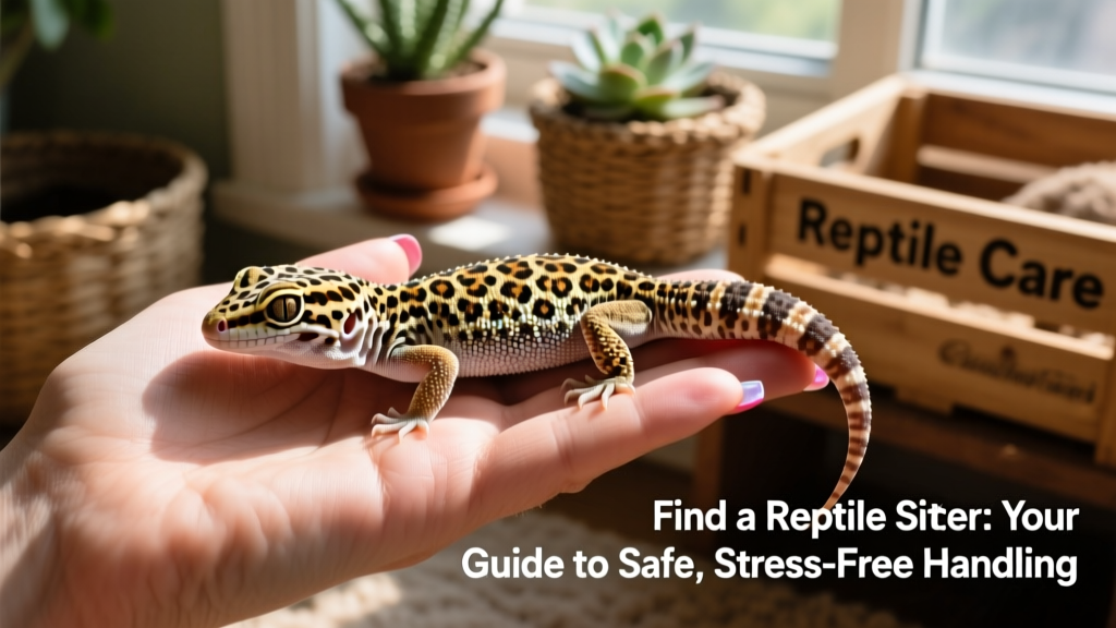 A leopard gecko calmly resting on a sitter’s hand during supervised handling