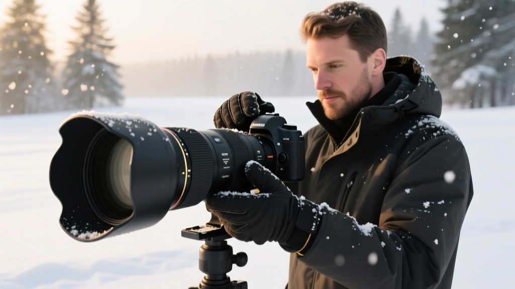 Photographer in insulated winter gloves adjusting oversized zoom ring on weather-sealed telephoto lens in falling snow.