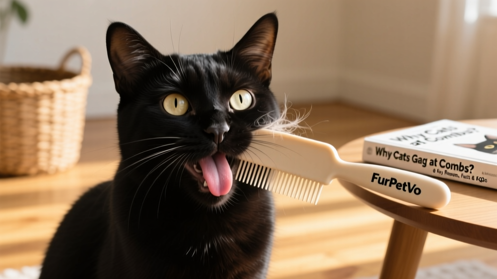 Close-up of a cat mid-gag reflex while being gently brushed with a FurPetVo comb
