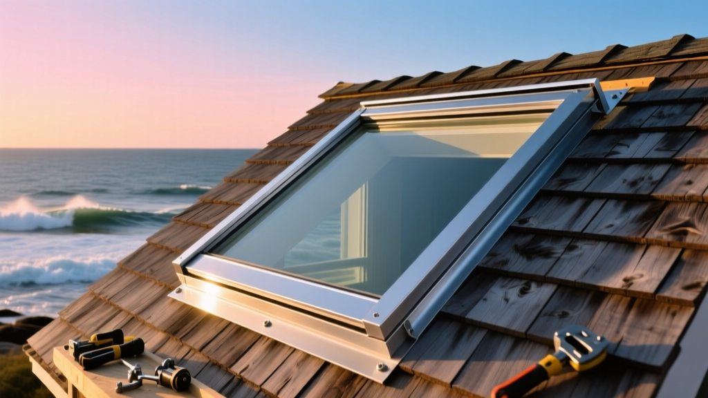 Marine-grade aluminum skylight frame being installed on a cedar shake coastal roof overlooking the ocean in Falmouth Massachusetts