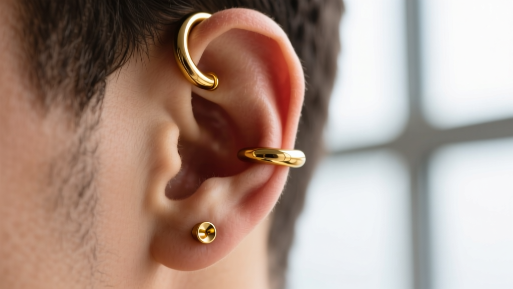 Profile of a mans ear showing a 16g gold helix hoop and 18g lobe stud, highlighting metal thickness and fit in sharp macro focus.