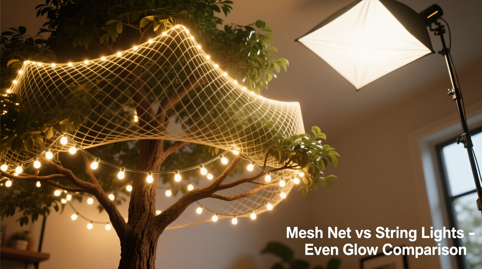 mesh net vs string lights for indoor trees which spreads glow more evenly