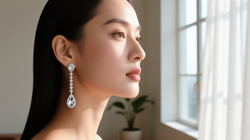 Side profile of a woman with a round face shape wearing elongated diamond pear drop earrings to create a slimming visual effect