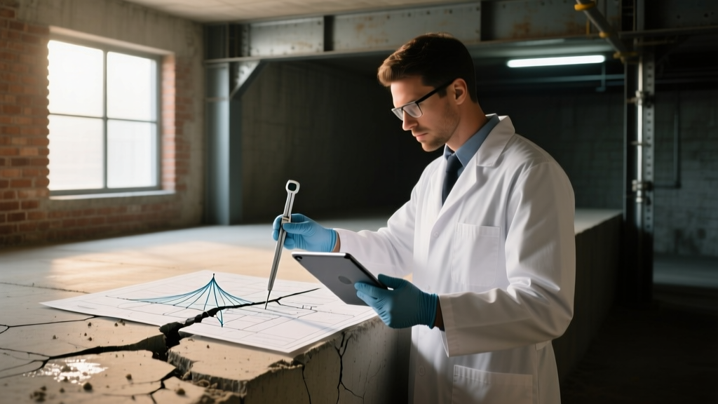 Structural engineer inspecting a mapped concrete foundation crack with a feeler gauge and digital tablet in a dimly lit basement