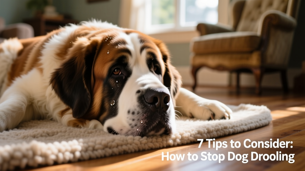 Close-up of a calm Saint Bernard resting on a rug, with visible saliva on its jowls