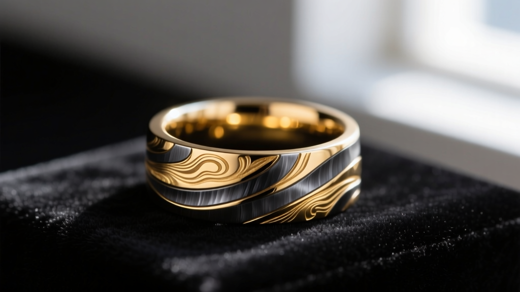 Close-up of a Japanese Mokume-gane ring displaying swirling 18k gold and dark shibuichi alloy layers on black velvet