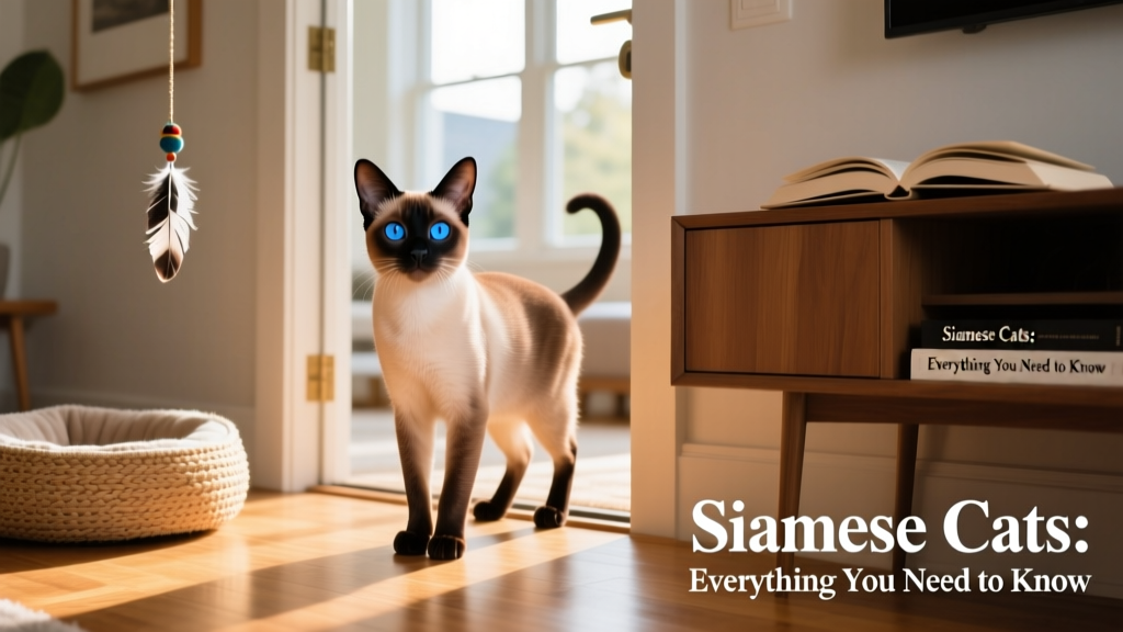 A Siamese cat standing in front of a door in a brightly lit home
