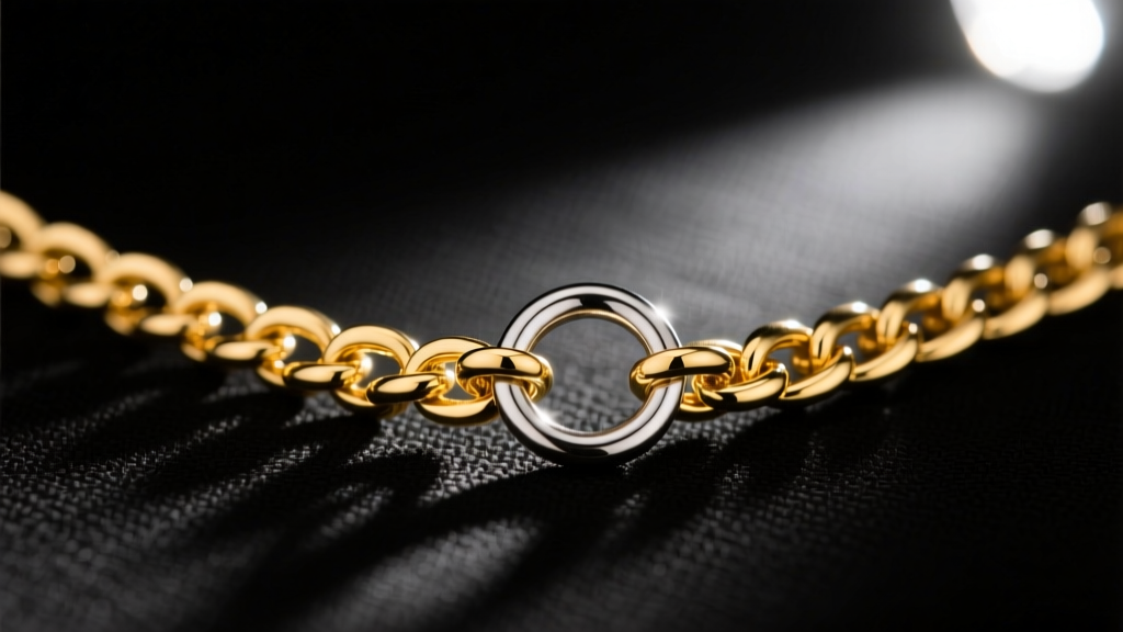 Close-up of 14k gold filled permanent jewelry chain aligned with a 3mm jump ring under a bright LED welder lamp on a dark mat.
