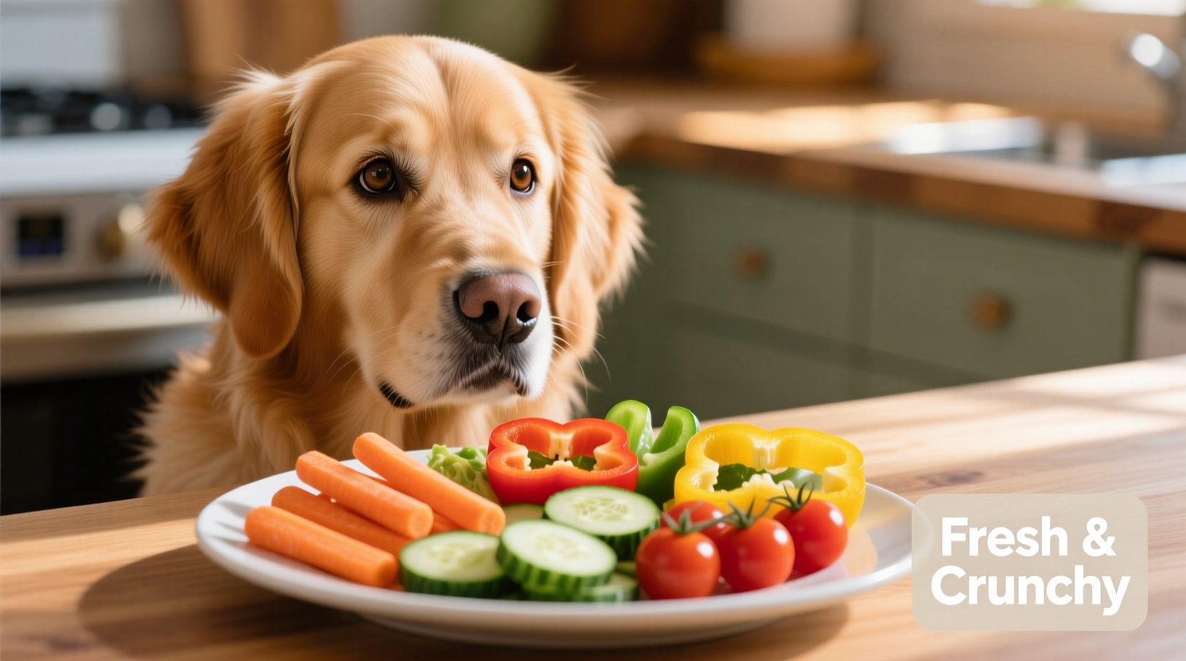 Dog looking at healthy vegetable snacks on plate